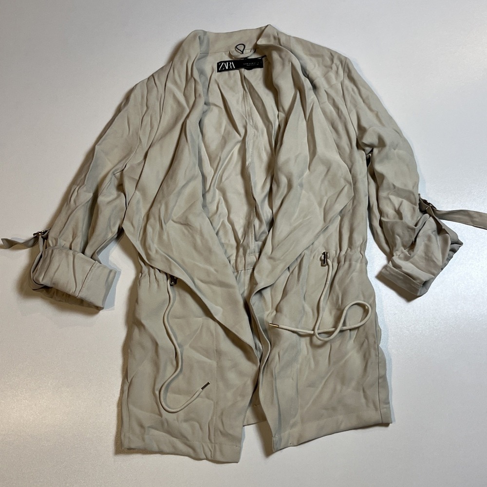 Zara Dusty Open Front Jacket XS Beige Cinch Waist Utility Anorak Roll Tab Coat